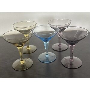 VTG MCM Set of 5 Coupe Champagne Glasses Colored Cocktail Stemware Mid Century
